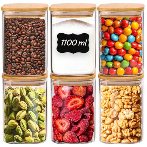 Comsaf Tarros de Cristal con Tapa, Frascos de Vidrio con Tapa, 1100 ml, Set de 6 Piezas, Adecuado para Frijoles Rojos Pequeños, Cacao en Polvo, Galletitas