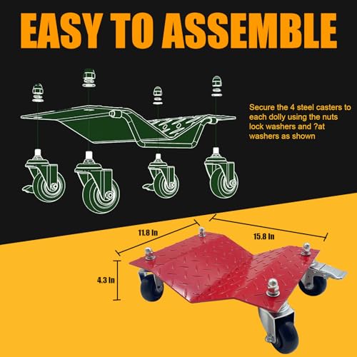 Image of Set of 2 Car Tire Wheel Dolly Furniture Lifters - Heavy Duty Under Vehicle Tire Skates Motorcycle Jack and Moving Dollies with Wheels 3000lbs Capacity Black (Red, 2 Dollies)