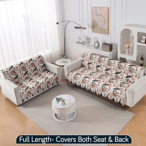 Image of HOKIPO Premium Holland Velvet Sofa Cover with Tassel 5 Seater (3+2) | Full Protection for Sofa Seat and Back | 'Whispers of Nature' | Multicolor Tropical Peacock (IN-1127+1126-D1)