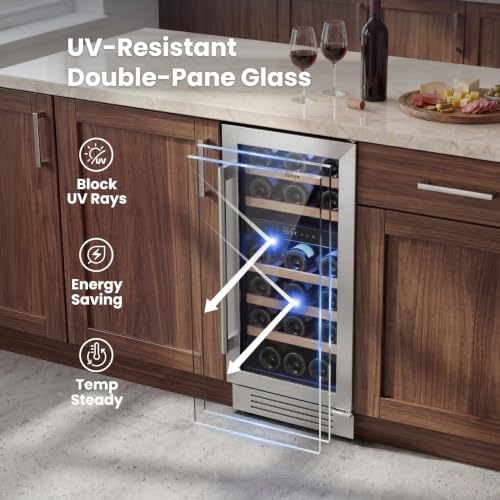 Image of Yeego 15 inch Wine Cooler - 28 Bottle Dual Zone Wine Fridge Glass Door, 40F-65F Freestanding Under Counter & Built-in Wine Refrigerator for Kitchen Hone Bar Office