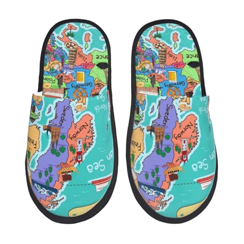 Cartoon Map Of Europe Print Women Slippers Home Furry Shoes Keep Men Couples Shoes Warm For Women-