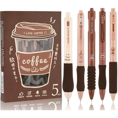 Andibro Cute Gel Pen, 5 Pcs Gel Pen with Soft Rubber Grip Retractable Pens 0.5mm Fine Point Black Ink Pens Kawaii Smooth Writing Pens for Journaling School Stationery Office Supplies (Coffee) Cover