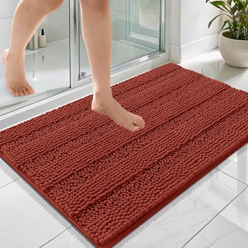 Image of OLANLY Thick Bathroom Rugs 36x24, Extra Absorbent Chenille Striped Bath Rugs, Rubber Backing, Machine Wash Dry, Bath Mats for Bathroom Floor, Tub and Shower, Home Decor Accessories, Rustic Terracotta