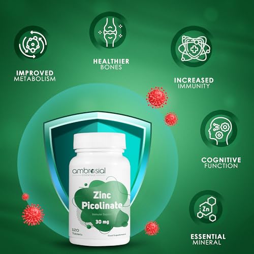 Image of Ambrosial Zinc Picolinate 30mg, High Strength Zinc Supplements, Best Tablet for Immune Support, Bones, Hair, Skin, Nails, Supplement for Men & Women, Pack of 1-120 Tablets.