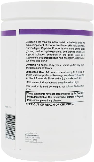 BariatricPal Collagen Peptides Powder (Unflavored, Hydrolyzed Type 1 & 3, Grass Fed) - Skin, Hair, Nail & Joint Support (14 Servings) 9.88 oz.