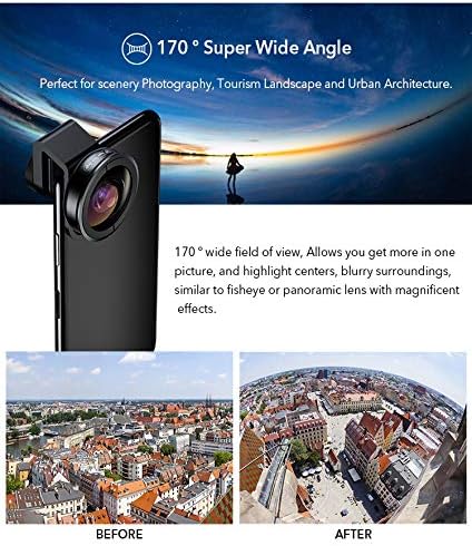 Before and after comparison of a city skyline photographed with and without the 170° Super Wide Angle Lens.