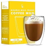 Kitchables Double Wall Glass Coffee Mugs Set of 2, 12oz without Handle Insulated Glass Coffee Mug wi