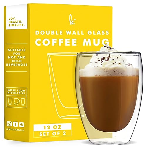 Kitchables Double Wall Glass Coffee Mugs Set Of 2, 12Oz Without Handle Insulated Glass Coffee Mug Without Handle, Clear Coffee Mugs, Tasas Transparente Para Café Bonitas #TOP29