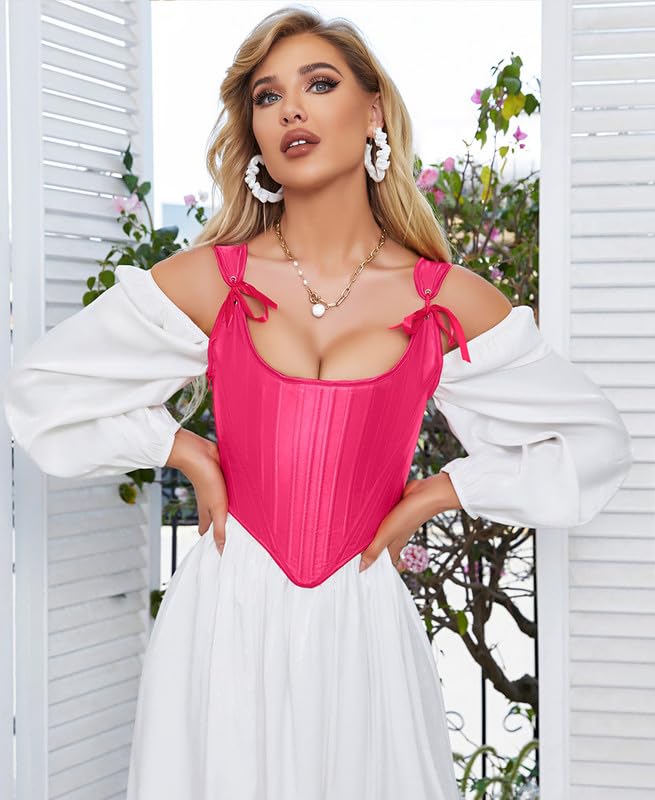 Image of Dreay Womens Vintage Asymmetrical Hem Overbust Corset Tie Front Lace-up Back Bustier Shapewear Top