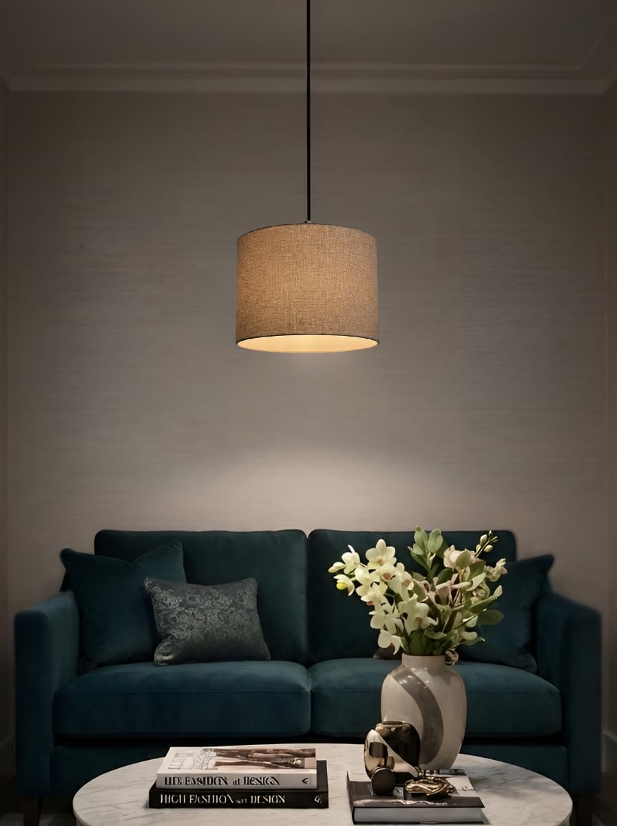 Pendant Lamp 12 Inch Drum Linen Fabric Hanging Light for Ceiling, Light Grey Color | Lampshade Hanging Light for Living Room, Bedroom, Cafe & Home Decoration-image-19