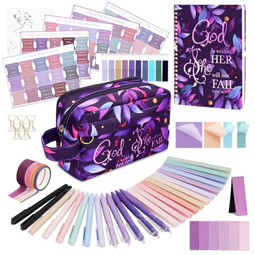 48 Pcs Bible Study Supplies for Women, Bible Journaling Kit Includes Bible Pencil Case, Tags, Pens, Highlighters, 4 Color Clear Sticky Notes, Notebook, 15 Clips, 4 Rolls of Washi Tape & More (Purple)