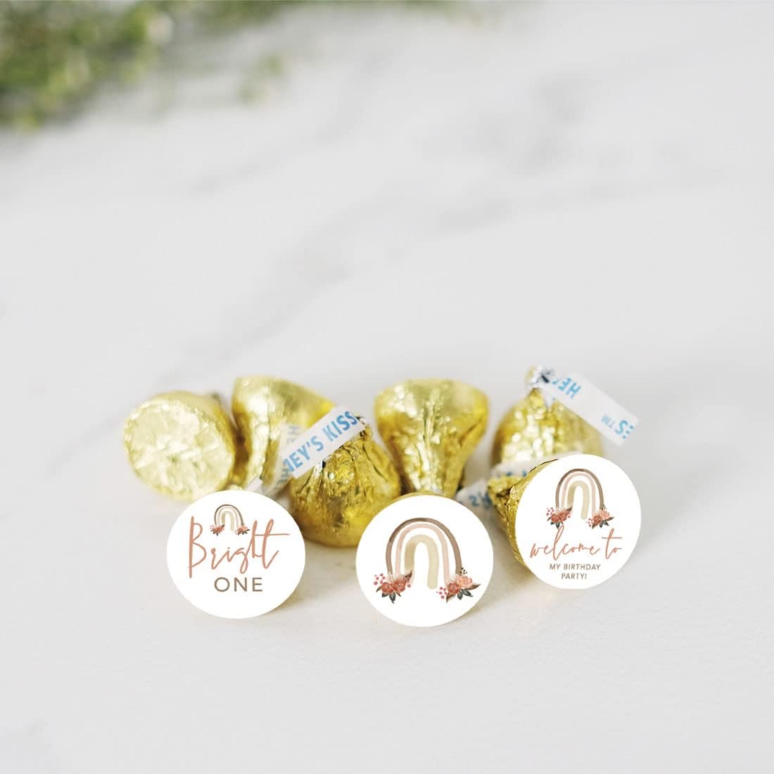 Andaz Press Boho Rainbow Chocolate Drop Label Stickers for Kisses, Bright One First Birthday Party Favor Label Stickers, Kids 1st Birthday Boho Theme for Girls Birthday Party Favor Stickers, 240-Pack