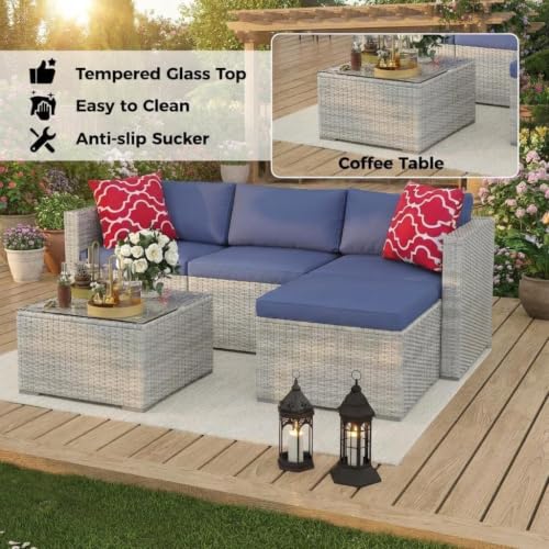 Image of GAOMON 5-Piece Outdoor PE Wicker Patio Sofa Set, All-Weather Modular L-Shaped Sectional with Ottoman, Glass-Top Coffee Table, Thick Cushions & Accent Pillows