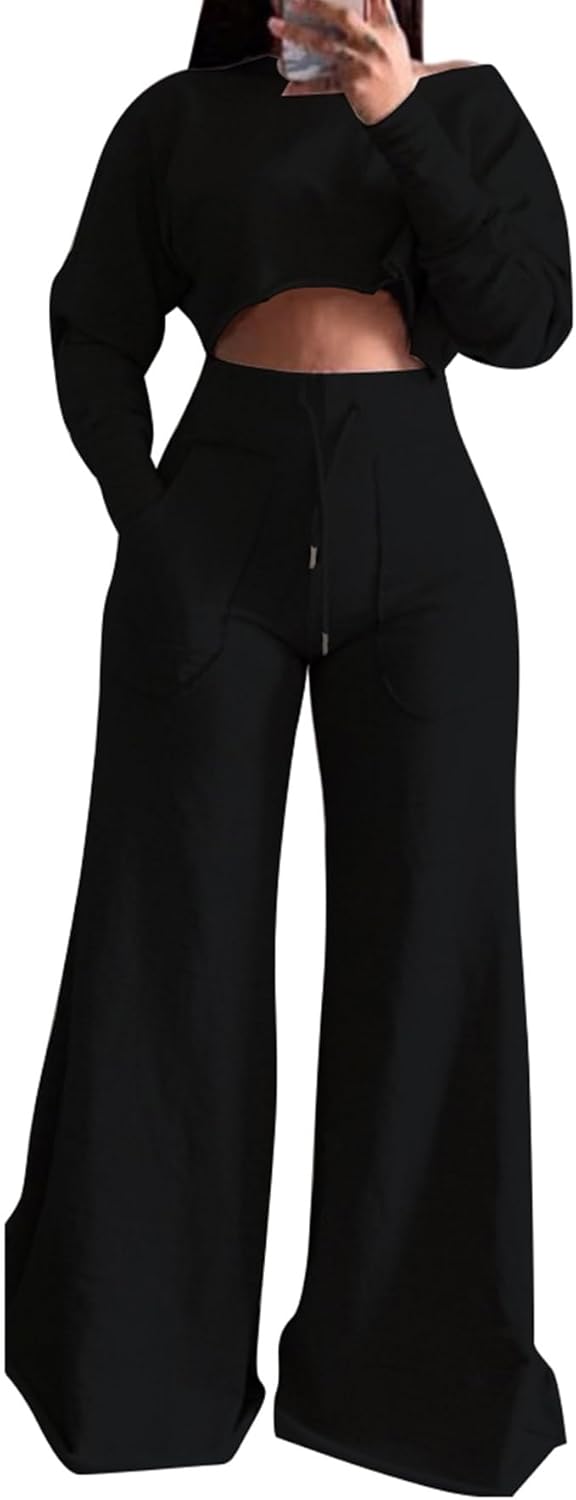 Womens Sexy Two Piece Outfits Loungewear Set Long Sleeve Crop Tops Tunic Pullover Wide Leg Pants Sets with Pockets