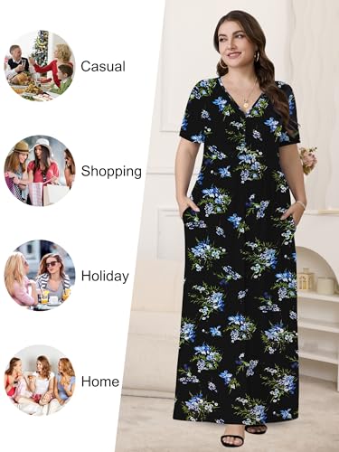 Image of PEVRL Plus Size Summer Maxi Dress for Curvy Women with Pockets 1X-5X | Short Sleeve, Twisted Front V-Neck, Summer Casual A Line Flowy Dress, Empire Waist Floral Print Beach Vacation Long Dress