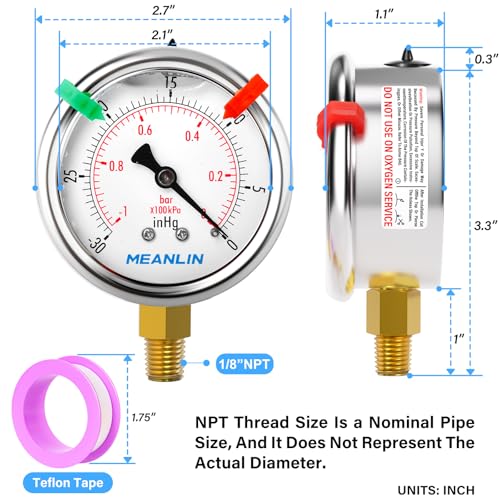 Image of MEANLIN MEASURE -30inHG~0Psi Vacuum Pressure Gauge 1 /8 inch NPT 2.5 inch FACE DIAL, Stainless Steel Liquid Filled Pressure Gauge WOG Water Oil Air Lower Mount (with 2PCS Snaps)