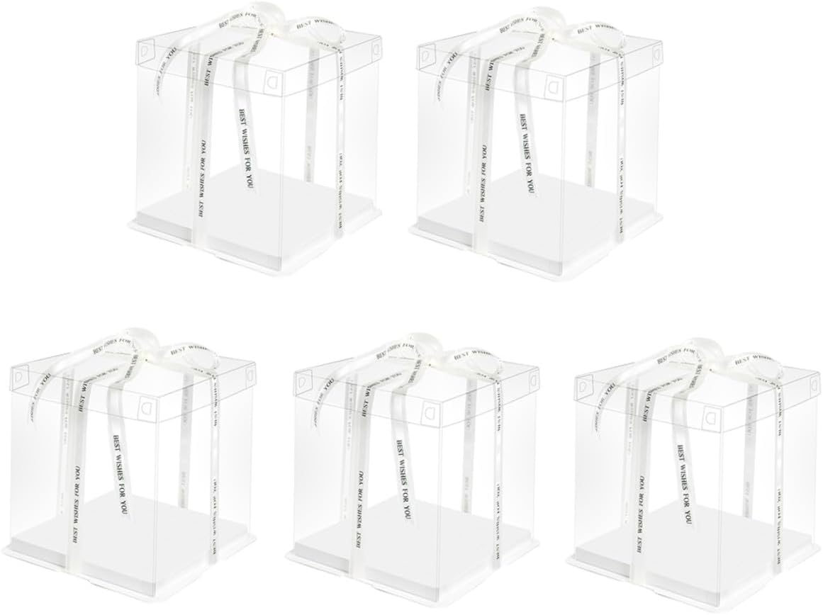 SEWACC 5pcs 8-inch Birthday Cake Boxes with Extra Height, Square Cake Wrapping Containers with Ribbon, Single Layer Food Storage Packaging for Party