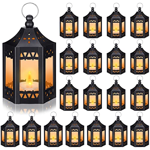 Hortsun 20 Pcs Mini Vintage Lantern Decorative Wedding Table Centerpiece LED Candles Lamp Battery Powered Hanging Tealight Lantern for Home Indoor Outdoor Party Decor(Black)