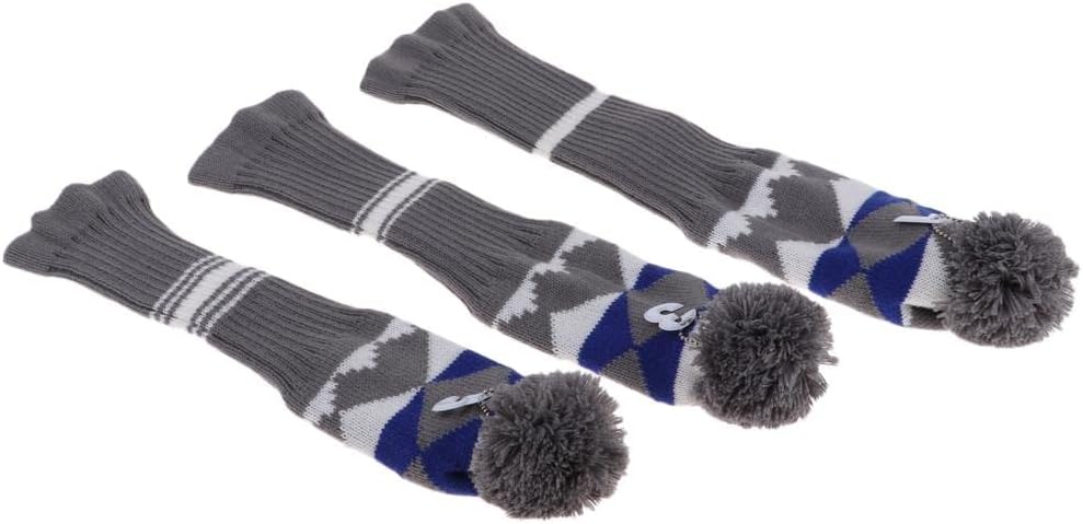 3Pcs Vintage Golf Club Head Covers Pom Pom Knit Socks - Set of 3 Double Strength Covers - Gift for Golfers - Shaft ion - Tag Numbers Included - Color D