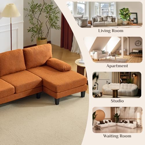 Image of Karl home Compact U-Shape Sectional Sofa Couch 111 inch 4-Seat Orange | Modern, Chenille Fabric Upholstered, Double Chaise, Wood Grain Legs for Living Room, Home Office, Apartment, Studio