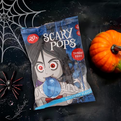 ScaryPops Halloween Lutscher - Lollis in Blau mit Blaubeere-Geschmack, 3x200g Tüten á 20 Stück – Zungen färbende Süßigkeiten, glutenfrei und halal, ideal für Kinder, Halloween Partys, Mitgebsel & Deko