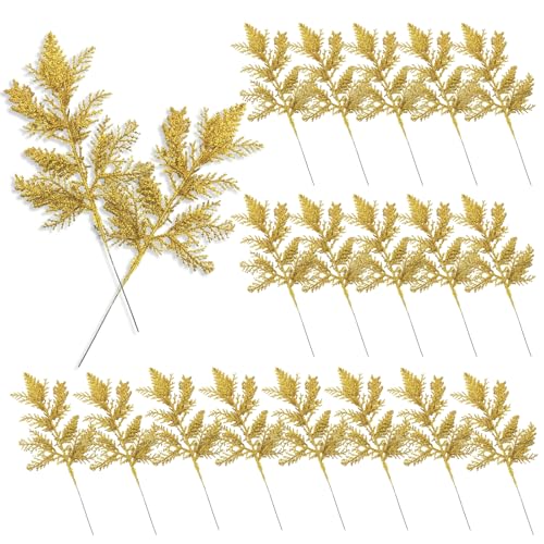 FUIPVGI 20 peças de decoração dourada para árvore de Natal, folhagem com purpurina para árvore de Natal, palhetas de folhas de Natal artificiais para decorações de coroa de Natal, festivais e