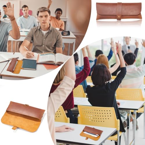 Image of GORGECRAFT Genuine Leather Snap Cover Pen Case Coconut Brown Crazy Horse Leather Roll Pouch Rustic Pencil Pouch Large Capacity Stationery Bag Organizer for Men Women Glasses Office Writers Artists
