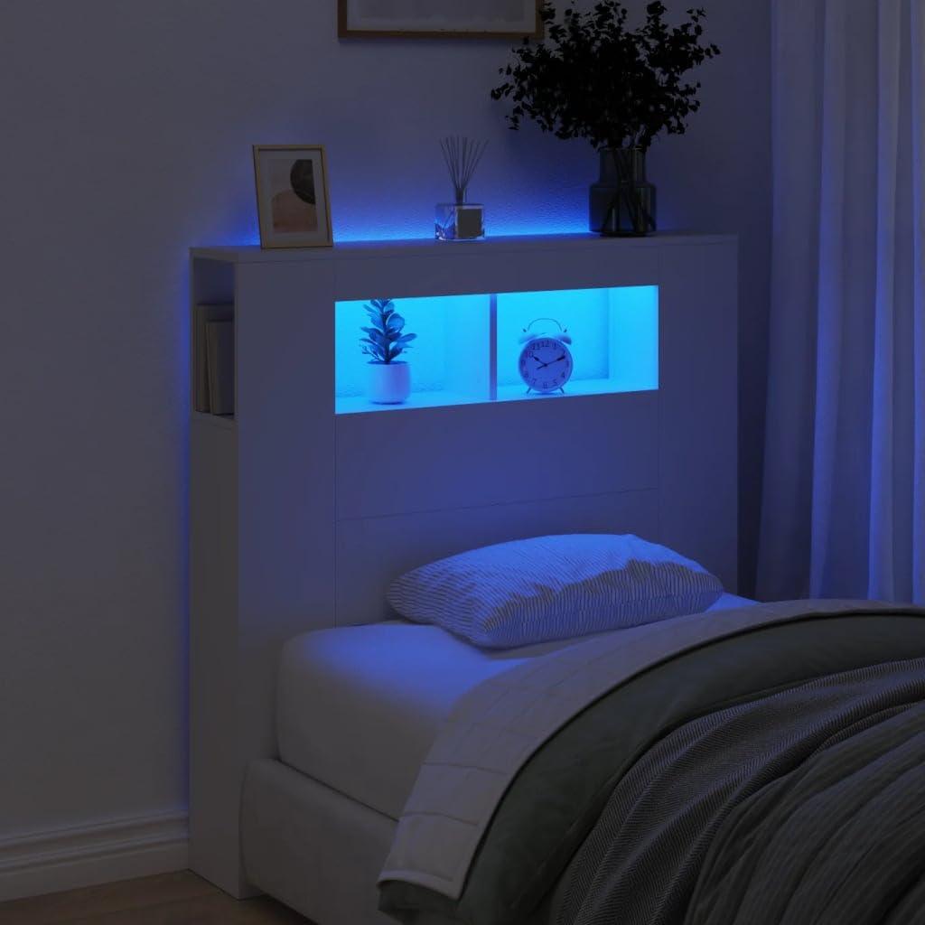IKAYAA LED Headboard Headboards for beds Single Headboard Wood Excellent Back Support Storage Space for Decorations -white-100 x 103.5 cm