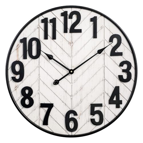JUMBO HUMBLE 24 Inch Large Wall Clock, Rustic Wooden Farmhouse Wall Clock with Black Metal Frame, Battery Operated Non-Ticking Silent Wall Clocks for Living Room, Kitchen, Bedroom (Whitewashed)