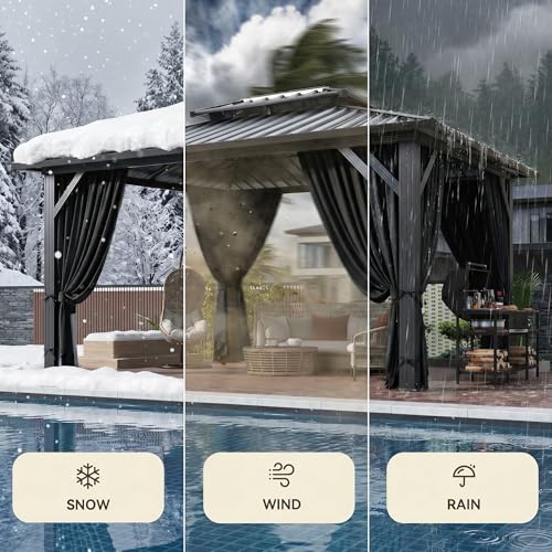 Image of HOTEEL 10x12 Hardtop Gazebo On Clearance with Galvanized Steel Double Roof,Heavy Duty Gazebo with Flame-Retardant Curtain & Netting, Aluminum Frame Outdoor Canopy for Patio, Party, Black