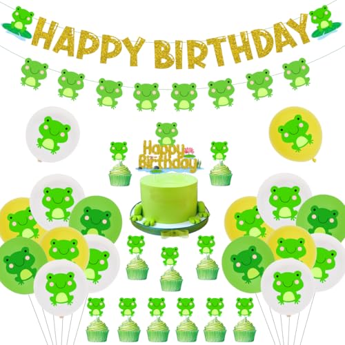 Cheereveal Decorazioni per feste di compleanno a forma di rana per ragazzi e ragazze, striscione di buon compleanno, palloncini in lattice a forma di rana, decorazioni per torte a tema animale