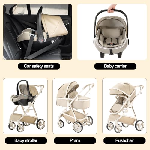 Gcarebb Leather 3 in 1 Pushchair, City Strollers with Car Seat, Portable One-Click Folding Walking Stick Stroller, Landscape Combined Strollers High Aluminium Frame for Newborn 0-4 Years - Image 6