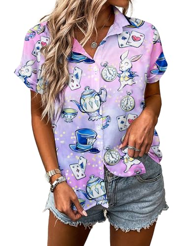 Princess Magical Shirt for Women Mad Tea Party Shirts Magic Hawaiian T-Shirt Fairy Tale Vacation Button up Tops