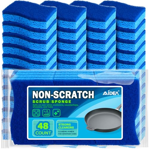 Image of AIDEA Non-Scratch Scrub Sponge, 48Count, Sponges for Dishes, Sponges Kitchen, Cleaning Sponge, Cleans Fast Without Scratching, Stands Up to Stuck-on Grime, Cleaning Power for Everyday Jobs
