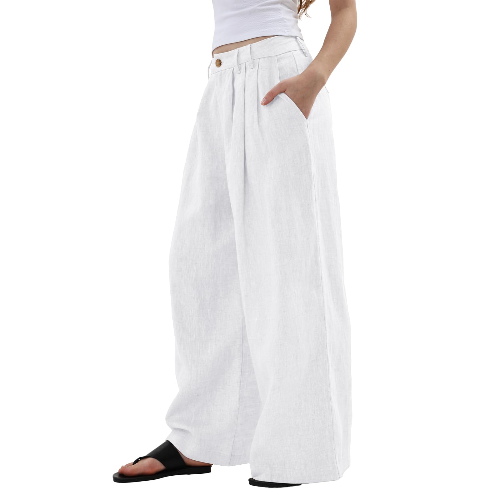 Amazhiyu Pantaloni da donna in puro lino, casual, a gamba larga, con tasche, vestibilità larga, pantaloni formali da lavoro