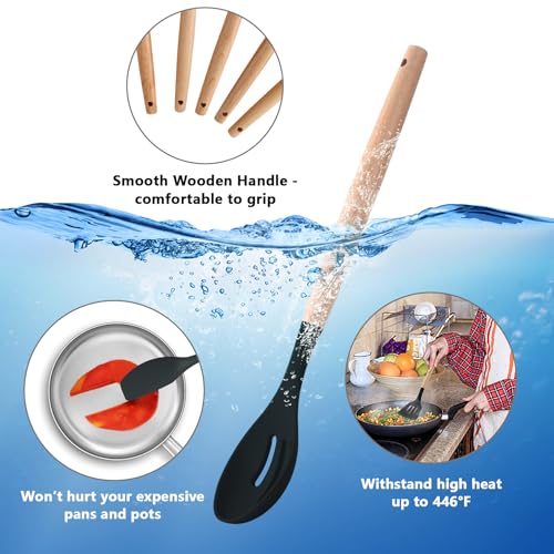 5Pcs Kitchen Utensil Set, Homikit Silicone Cooking Utensils with Wood Handle, Heat Proof Spatula Turner Spoon Set for Non-Stick Cookware, Healthy & Easy Clean, Black - Image 6