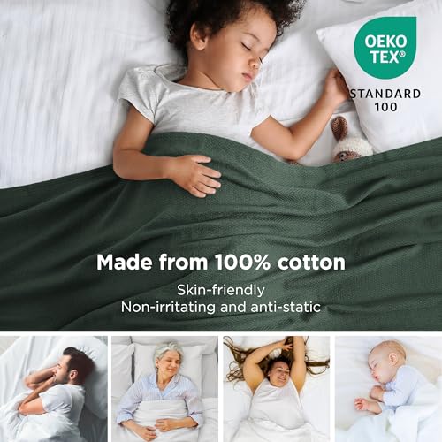 Image of Bedsure 100% Cotton Blanket, Herringbone Weave, Full, Dark Green