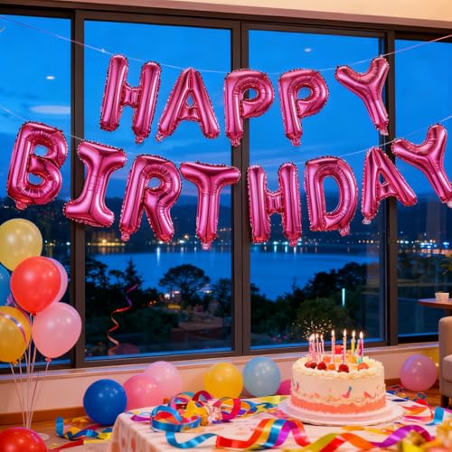 Image of Hot Pink Happy Birthday Balloon Banner Kit - 16 Inch Foil Letters Balloons Hot Pink Birthday Decor for Men, Women Adults,Reusable Mylar Balloons,Birthday Party Sign, Birthday Decorations Supplies