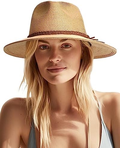 FURTALK Sun Hats for Women Summer Wide Brim UV UPF 50+ Panama Fedora Foldable Packable Straw Beach Hat Khaki