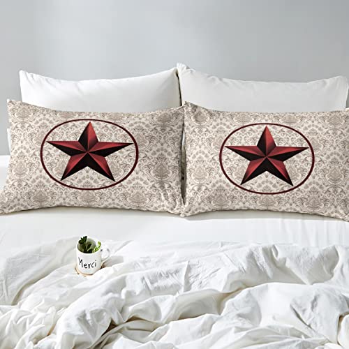 Erosebridal Red Western Texas Star Bed Sheets Gothic Vintage Floral Damask Fitted Sheet,Antique Victorian Baroque Sheet Set Retro Circle Rustic Bed Cover King,Bohemian Exotic Flowers Room Decor #TOP3