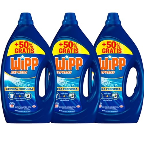 Wipp Express Limpieza Profunda Plus Frescor Activo, Detergente Liquido para Lavadora, 53 lavados - Pack de 3 - Total 159 lavados - Total 7,15 Litros