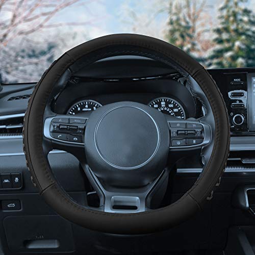 Image of FH Group Universal Fit 15 Inch Genuine Leather with Lace-Up Detailing Steering Wheel Cover fits Most Cars, SUVs Gray