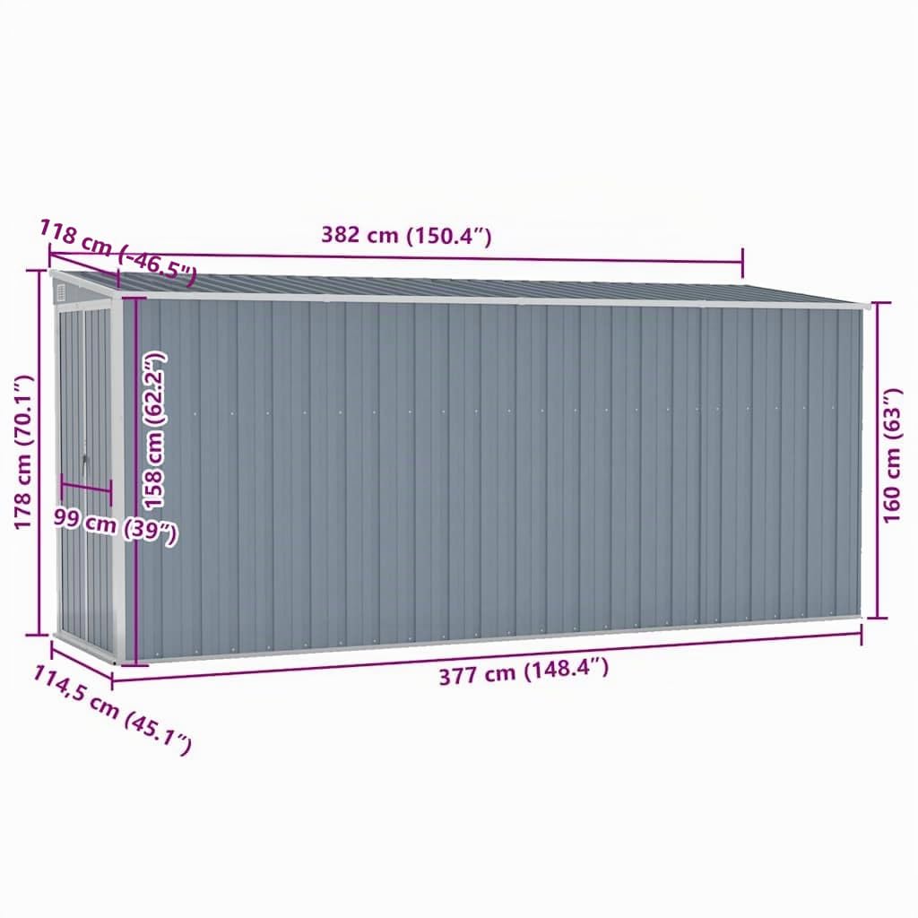 vidaXL Cobertizo de Jardín Mural Gris 118x382x178 cm Acero galvanizado