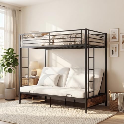 KOMFOTT Metal Twin Over Futon Bunk Bed Heavy-Duty Loft Bed with Convertible Sofa Underneath Convertible Futon Bunk Bed with 2 Ladders Guardrails and Under-Bed Space for Kids Teens Adults