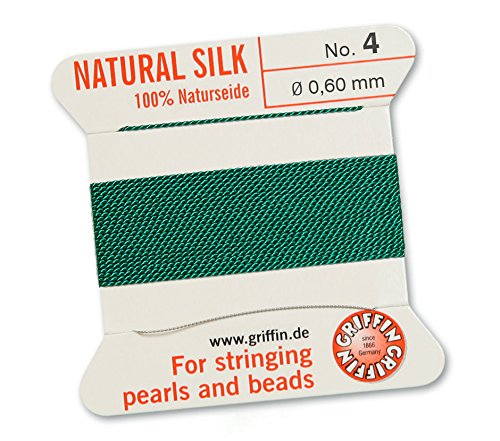 GRIFFIN 100% Natural Silk Beading Cord String Thread - Green - 2 metres with one needle - Size 0.60mm