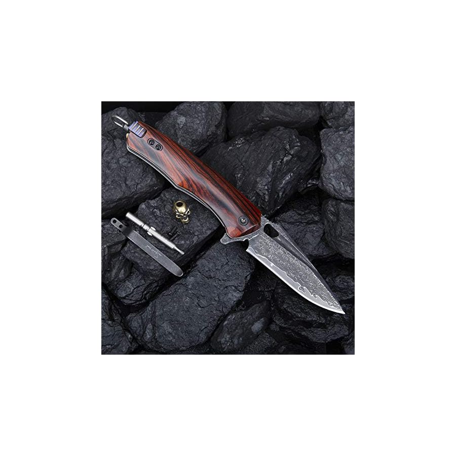 SPIRIT DEED Damascus steel multifunctional EDC folding knife with self assembling pocket clip, lining lock, leather sheath, one piece disassembly pocket knife