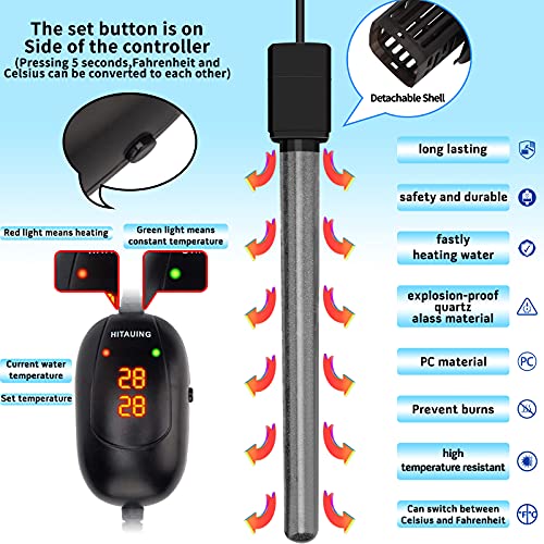 Image of HiTauing Aquarium Heater, 50W /100W /200W /300W /500W Submersible Fish Tank Heater with Over-Temperature Protection and Automatic Power-Off When Leaving Water for Saltwater and Freshwater (Pack of 2)
