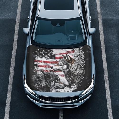 Image of American Flag Wolf Print Car Hood Cover Elastic Polyester Car Hood Cover All Seasons Universal Auto Hood Protective Accessories Suitable Most Sedans SUV Pickup Trucks