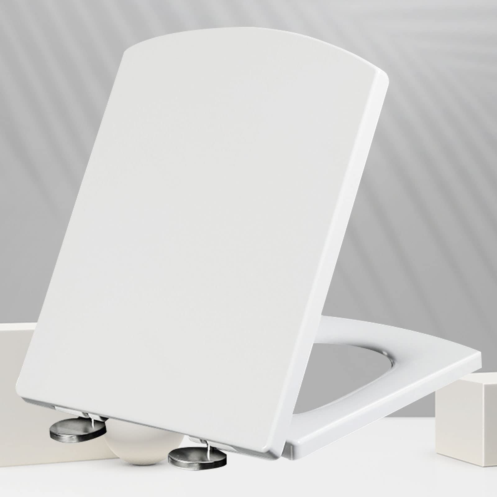 Sedile WC bianco con chiusura rallentata, antibatterico, quadrato, con cerniere regolabili in acciaio inox, per maggiore comfort e igiene