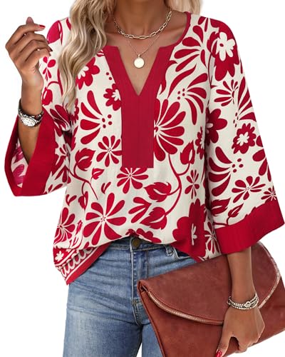 Bebonnie Office Tops for Women Work: 3/4 Sleeve V Neck Dressy Blouses for Women - Womens Blouses Dressy Casual Bell Sleeve Fall - Ladies Tunic Tops Plus Size for Holiday Christmas Multi Red XXL